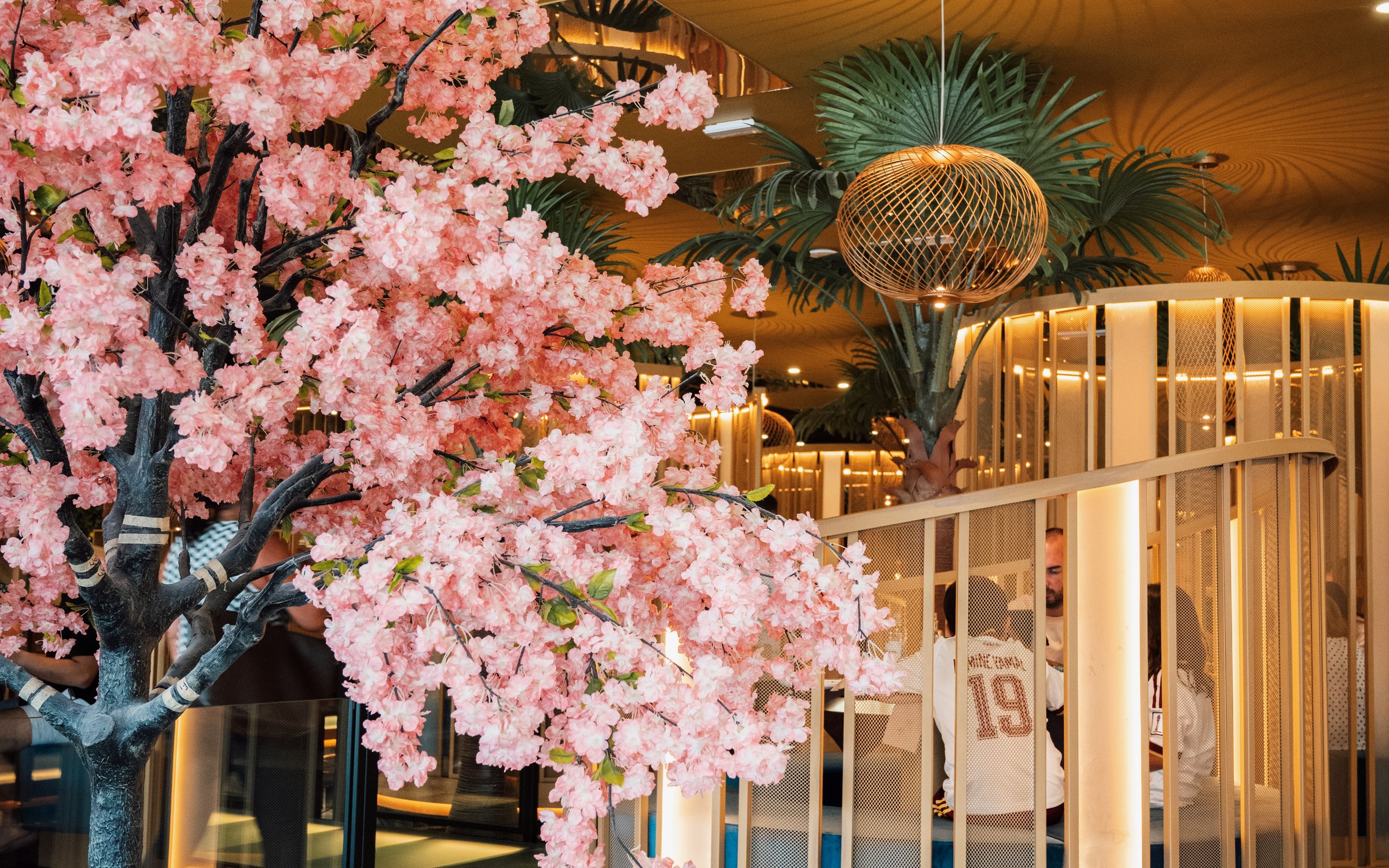 Interior de Moon Sushi con cerezo rosa y detalles dorados